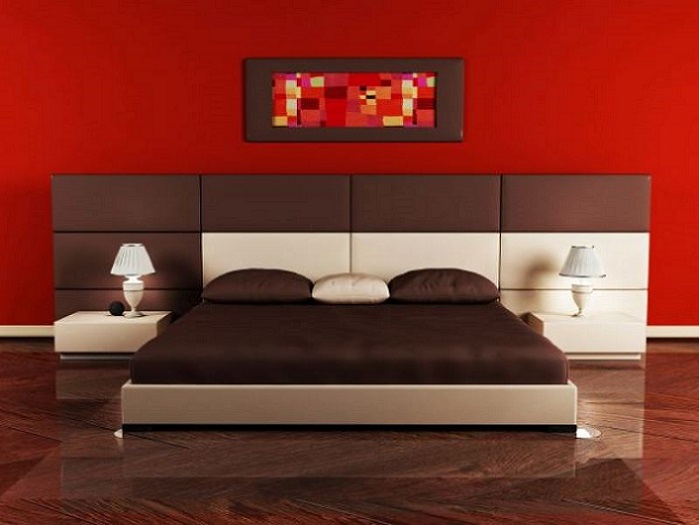 Modern  interior design of bedroom with a nice bed and a table